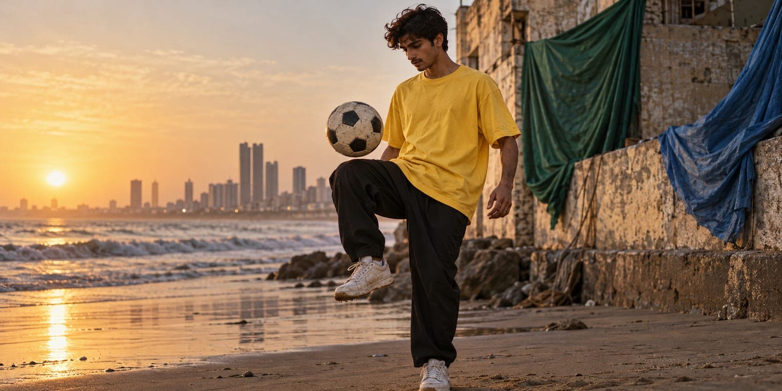 Young man in a plain yellow oversized tee juggling a football on a Karachi beach at golden hour