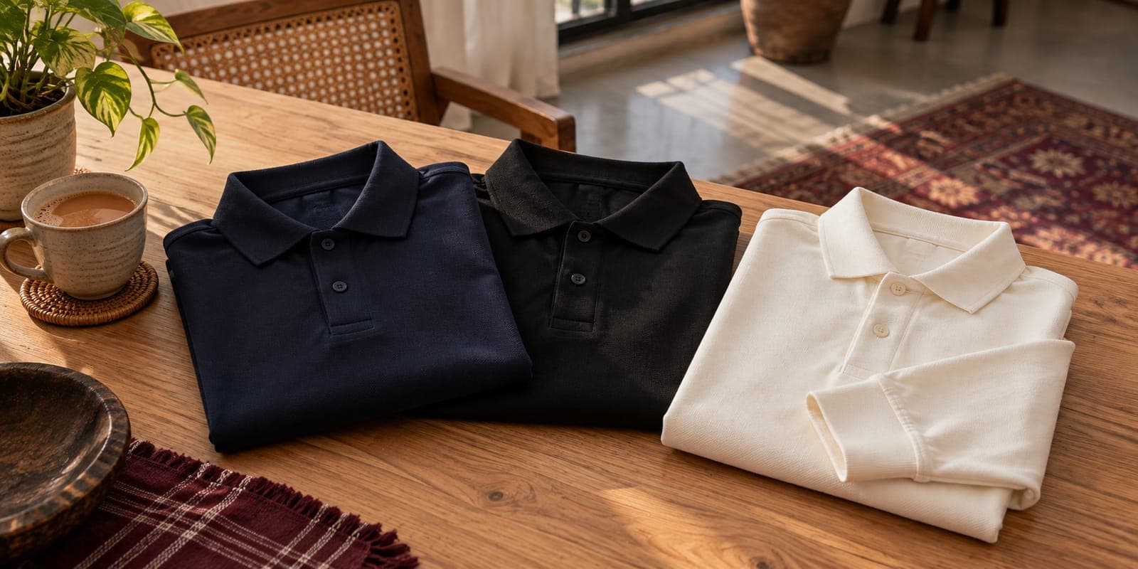 Three plain pique polo shirts in navy, black and off-white folded on a wooden table beside a cup of chai