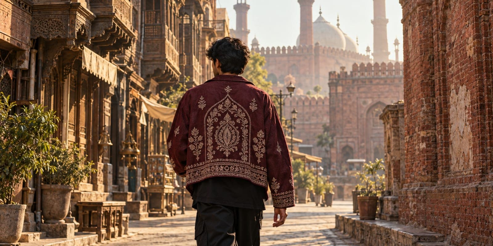 A young man in a black oversized tee and an embroidered maroon jacket walking down a sunlit lane in old Lahore