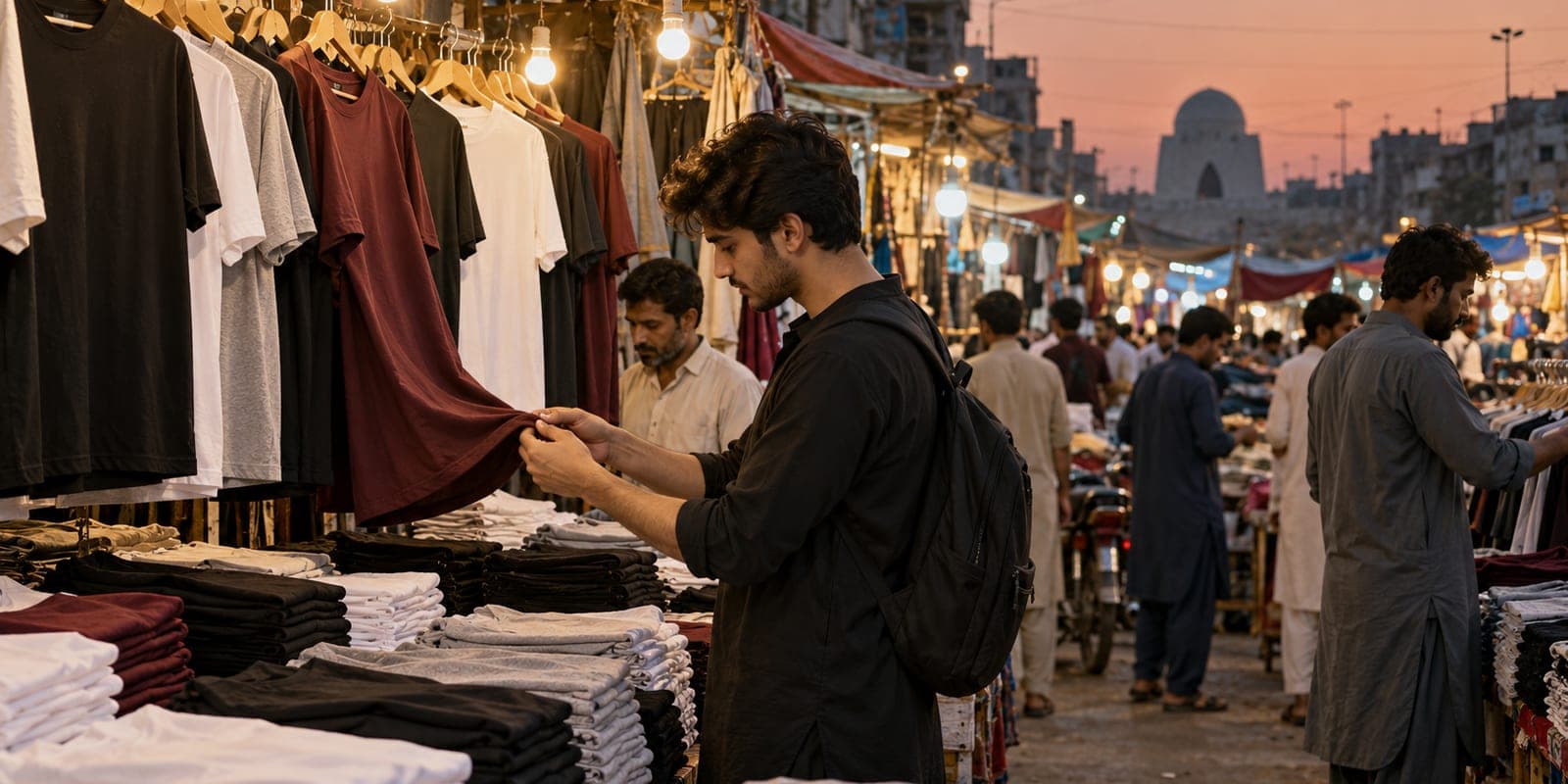 A Karachi street market clothing stall at dusk with plain black, white, grey and maroon t-shirts on hangers under warm bulbs