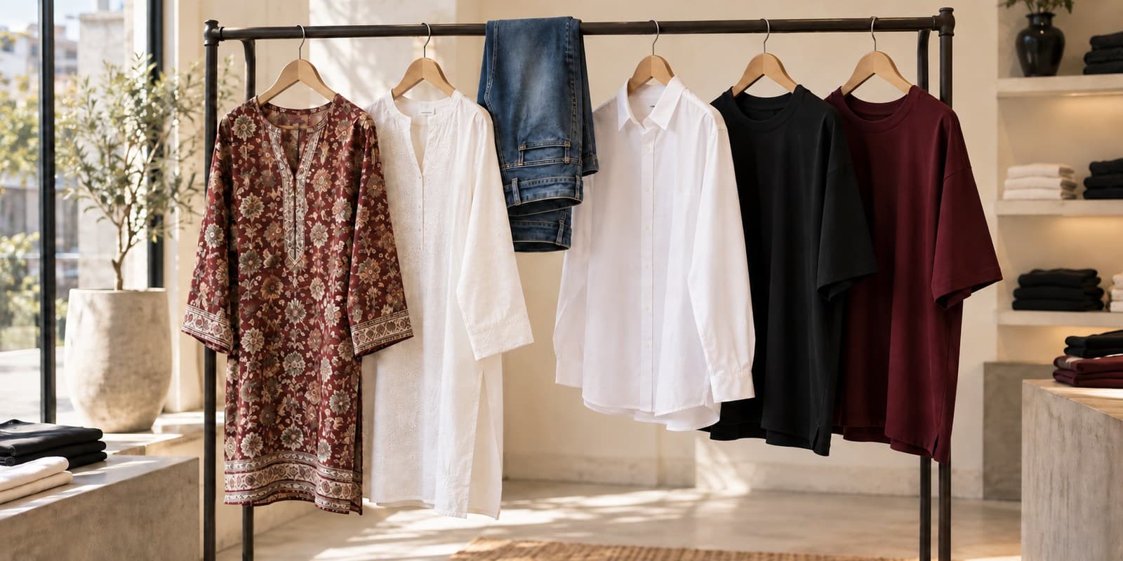 A rail of Pakistani clothing: printed kurta, white kurta, jeans, formal shirt and oversized black and maroon tees