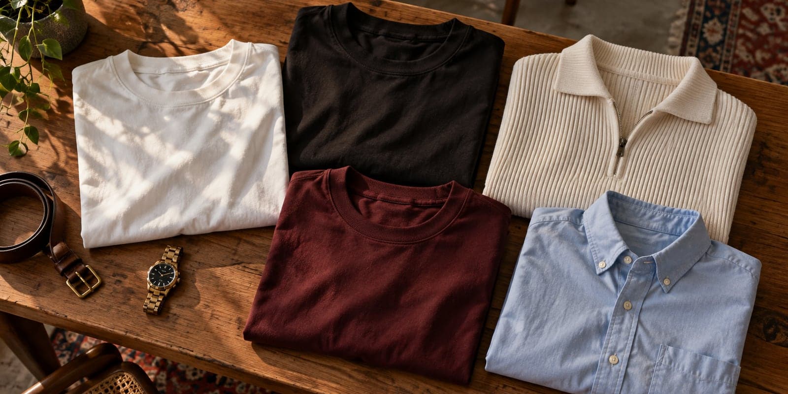Folded men's shirts in white, black, maroon and off-white laid out on a wooden table in soft daylight