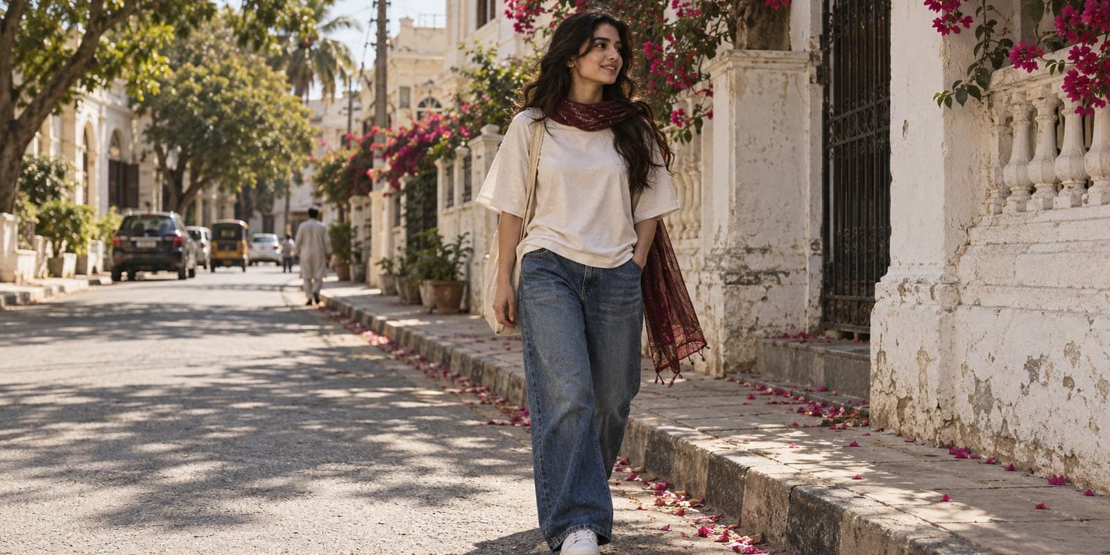 A young woman in a loose off-white t-shirt and wide-leg jeans walking on a sunlit street