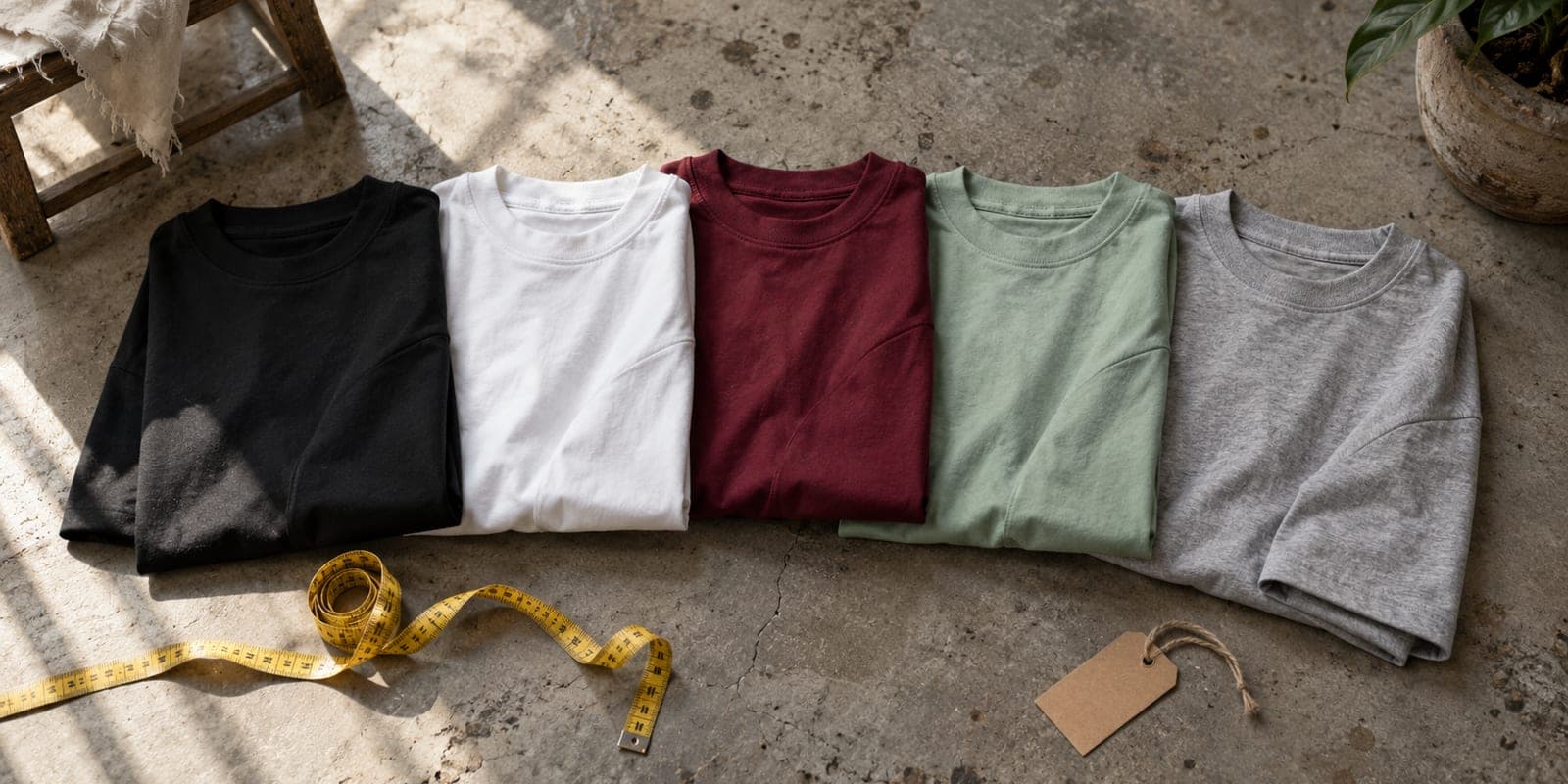 Five folded cotton t-shirts in black, white, maroon, mint and grey on a concrete floor