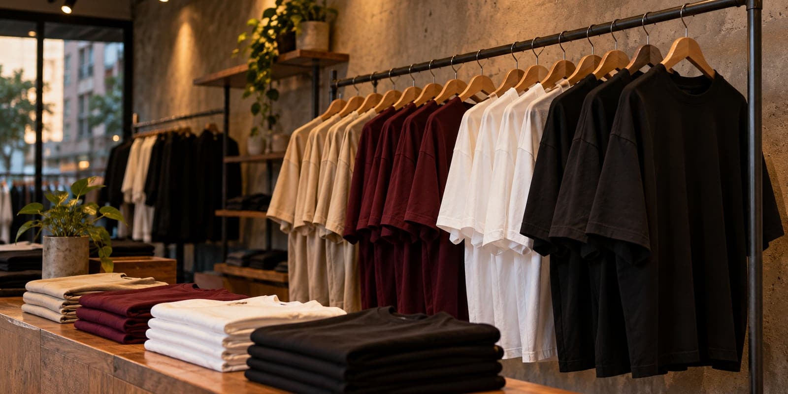 A rail of oversized t-shirts in black, white, maroon and sand on wooden hangers in a small streetwear shop