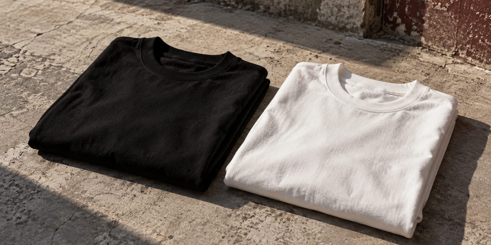 One plain black and one plain white oversized t-shirt folded side by side on a concrete surface in hard daylight