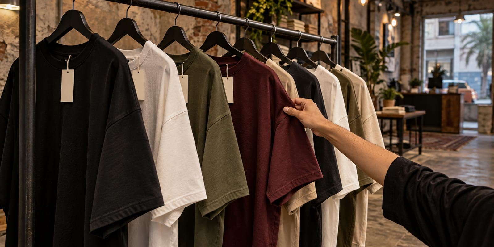 Rail of oversized Pakistani streetwear t-shirts in black, white, maroon, olive and beige