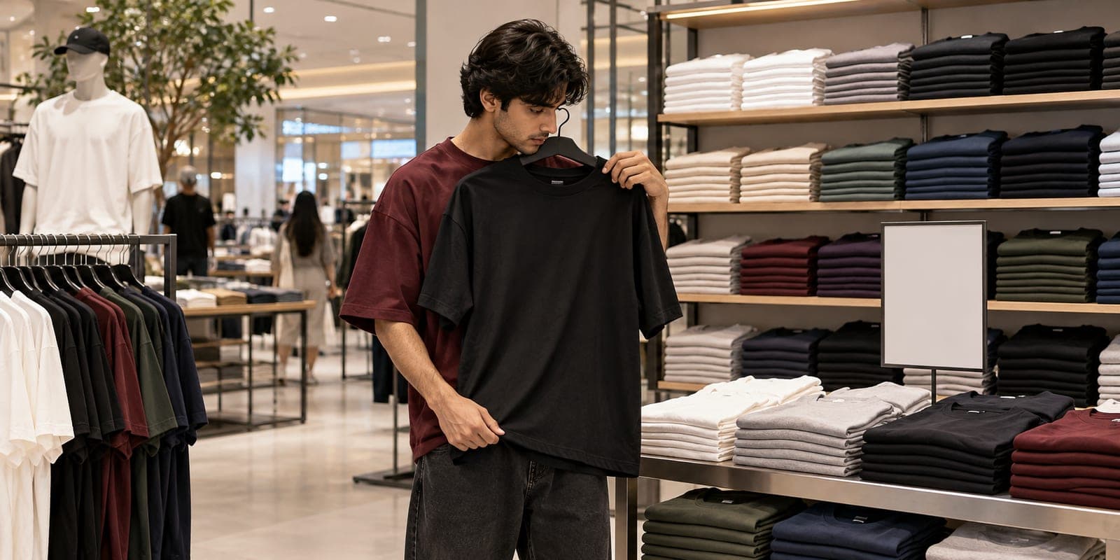 A young man holding a black t-shirt against himself in a bright mall clothing store in Lahore, a wall of folded tees behind him