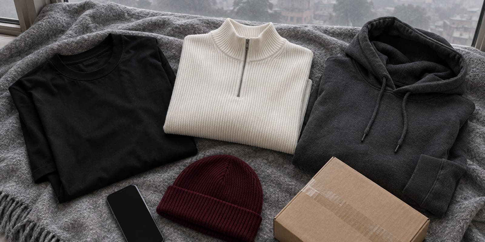 Flat lay of an off-white quarter-zip pullover, a black oversized tee, a charcoal hoodie, a maroon beanie, a phone and a courier parcel on a grey blanket