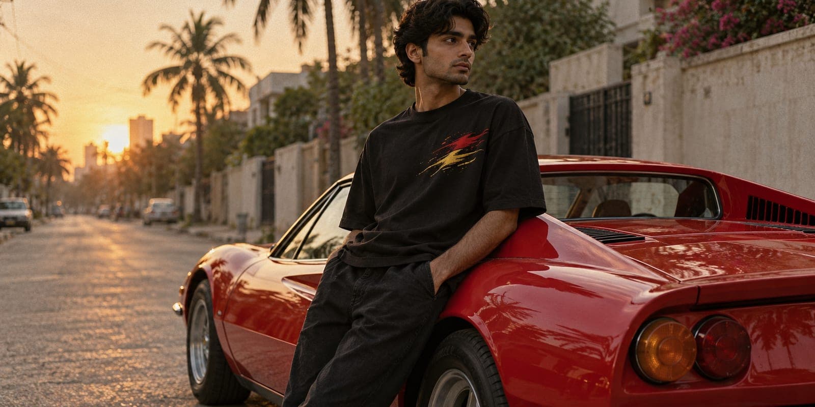 Young man in a black oversized motorsport tee leaning on a red sports car in Karachi