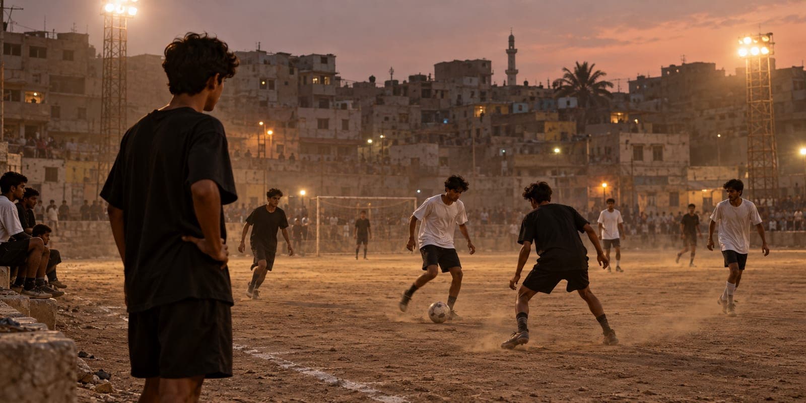 Young players in plain black and white kits on a floodlit evening football ground in Lyari, Karachi