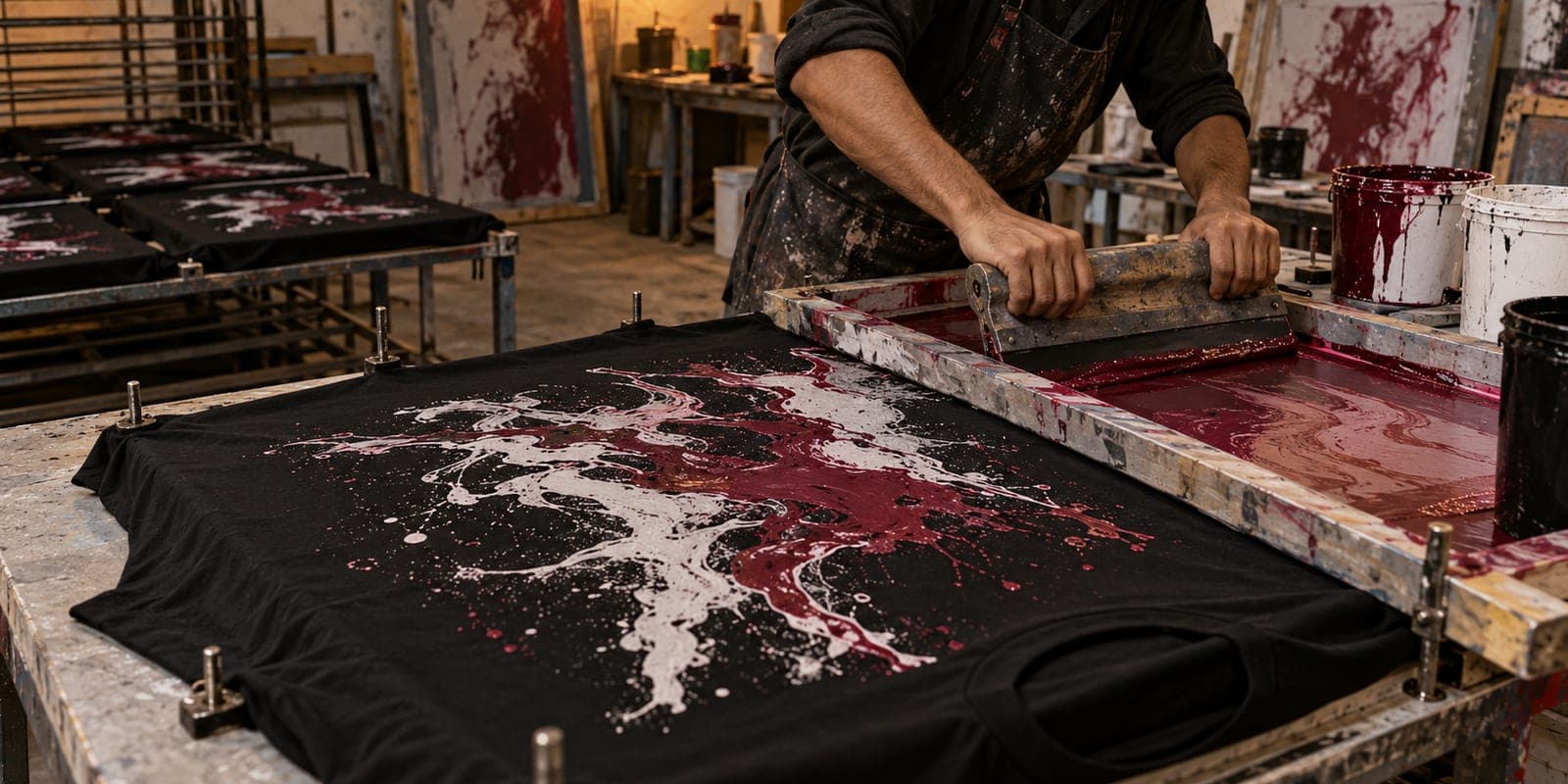 A black oversized t-shirt pinned on a screen-printing table in a Karachi studio with a squeegee pulling white and maroon ink