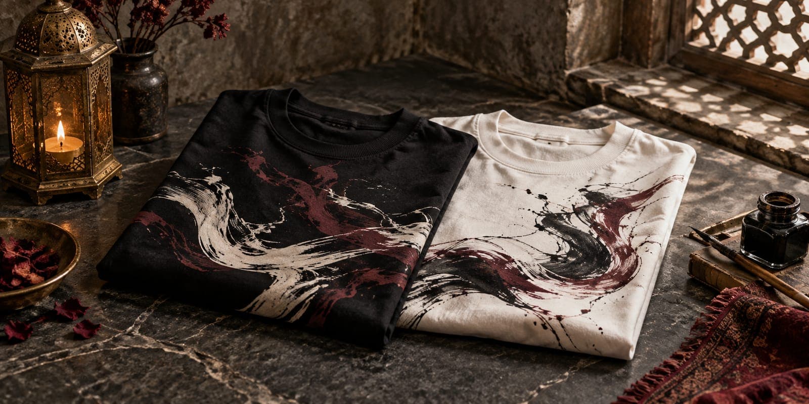 A black and a white oversized cotton t-shirt folded on dark stone beside a brass lantern, an inkwell and a reed pen