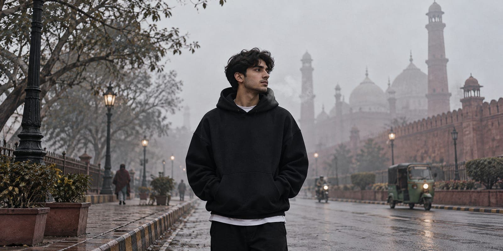A young man in a plain black oversized fleece hoodie over a white tee on a foggy Lahore street