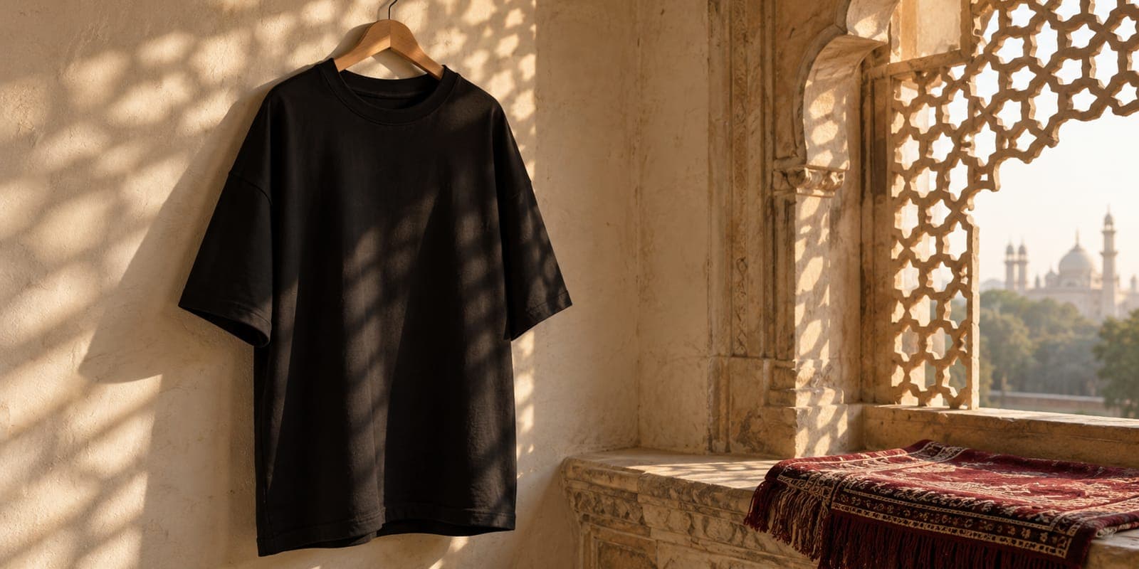 A plain black oversized cotton t-shirt on a wooden hanger beside a sunlit arched window with lattice shadows