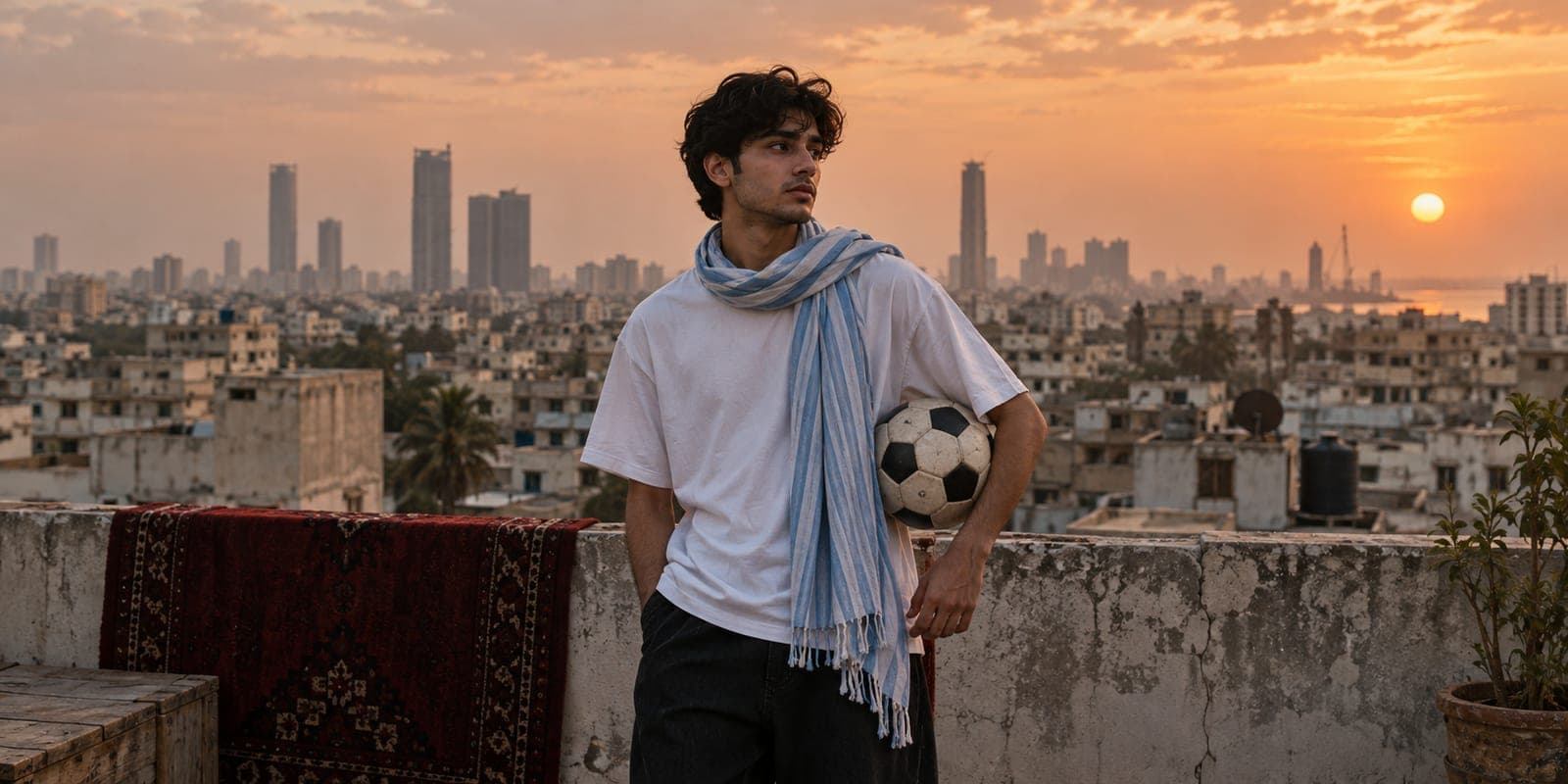 Young man in a plain white oversized tee and a sky-blue and white striped scarf holding a football on a Karachi rooftop at sunset