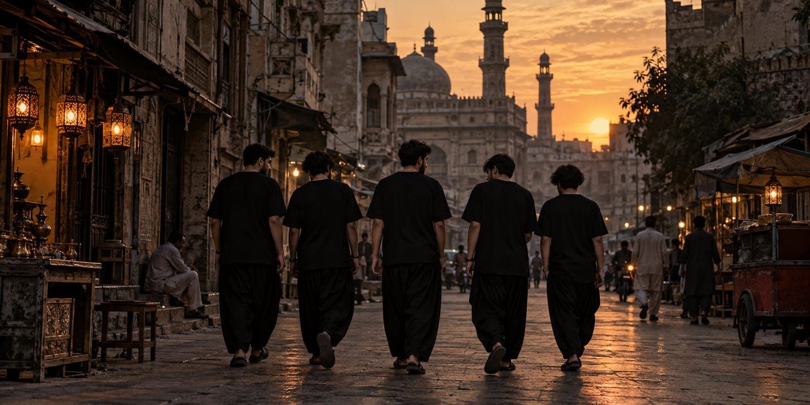 Young men in plain black cotton t-shirts and black shalwar walking along an old Karachi street at dusk, seen from behind