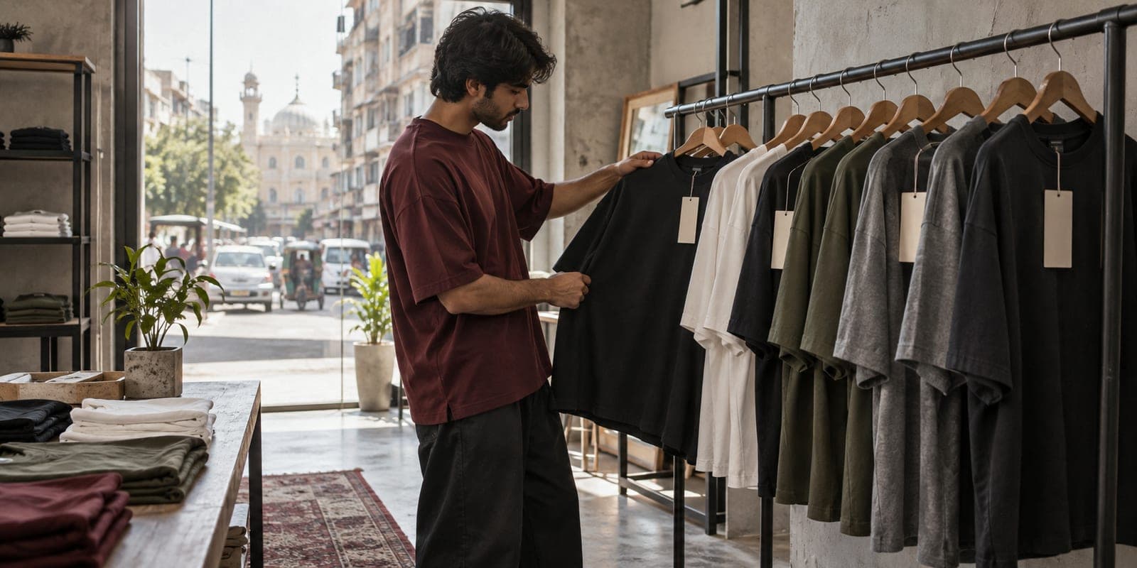 A rail of plain crew-neck t-shirts in black, white, olive and grey on wooden hangers in a minimal high-street store in Karachi