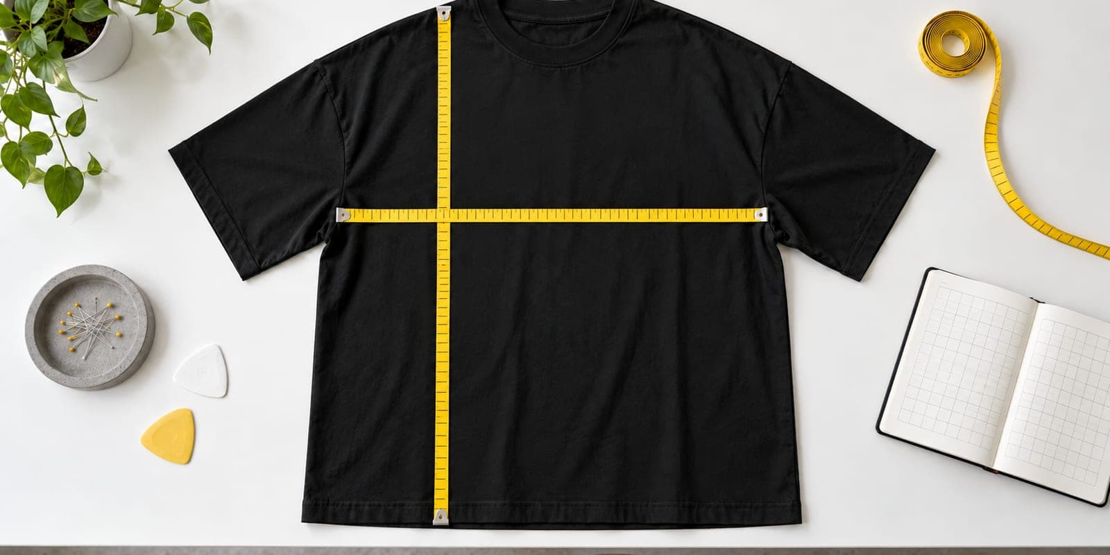 Black oversized t-shirt laid flat with measuring tapes across the chest and down the length