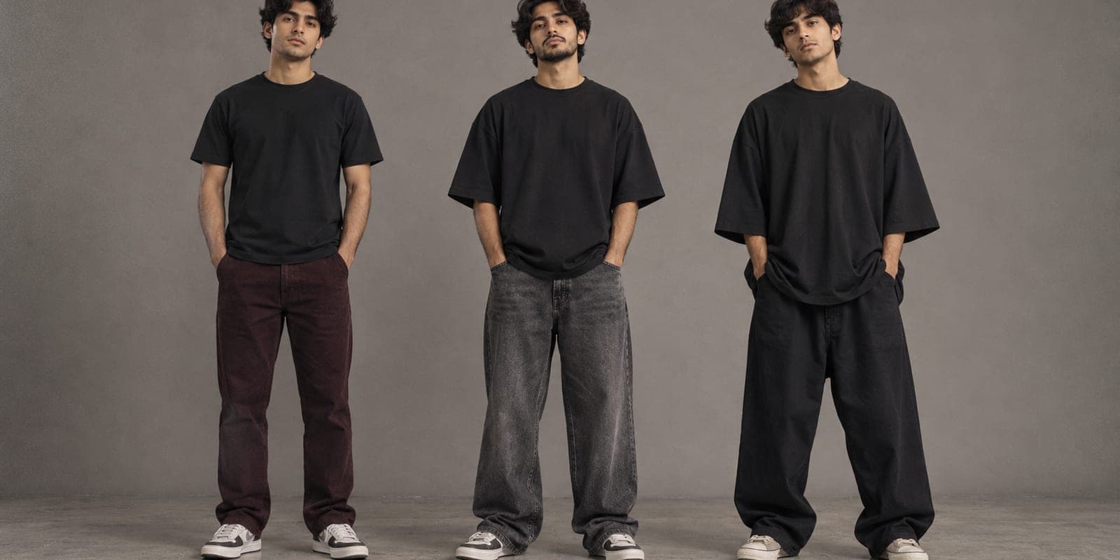 Three young men side by side in a studio wearing plain black t-shirts in regular, drop-shoulder oversized and very baggy fits