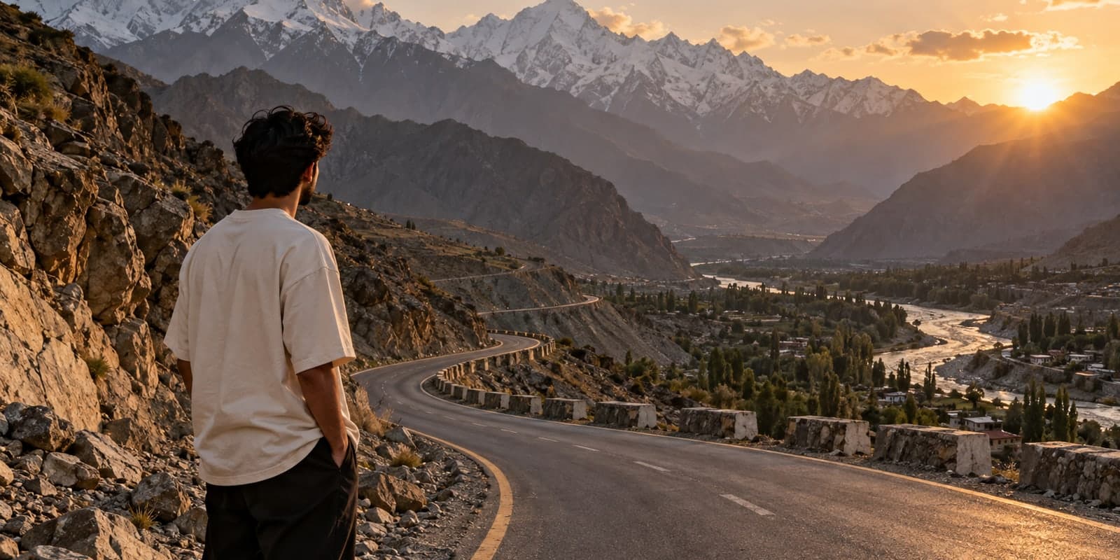 A young man in an off-white oversized t-shirt looking down a winding mountain road in northern Pakistan at sunset