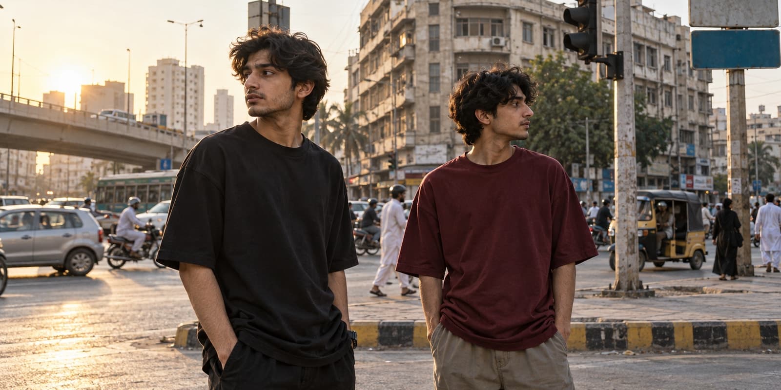 Two young men in black and maroon oversized t-shirts at a Karachi street crossing, looking in different directions