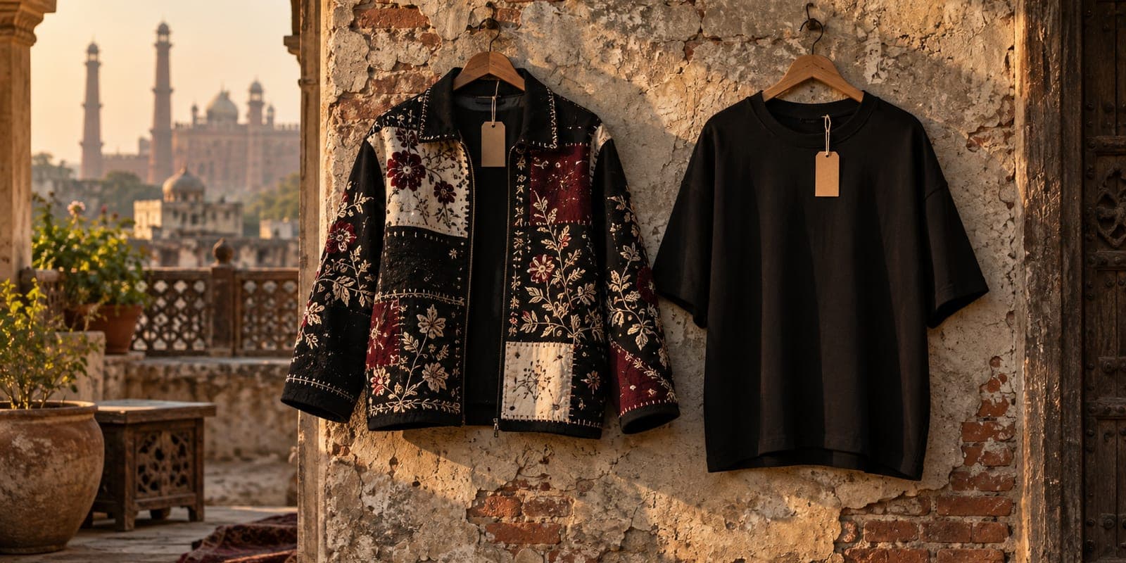 Embroidered South Asian streetwear jacket beside a plain black oversized t-shirt on a Lahore haveli wall