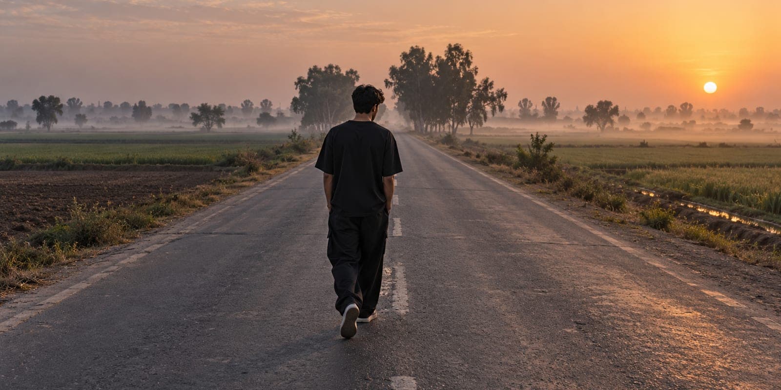A young man in a black oversized tee walking down an empty road at dawn, the Urdu idea of rastah