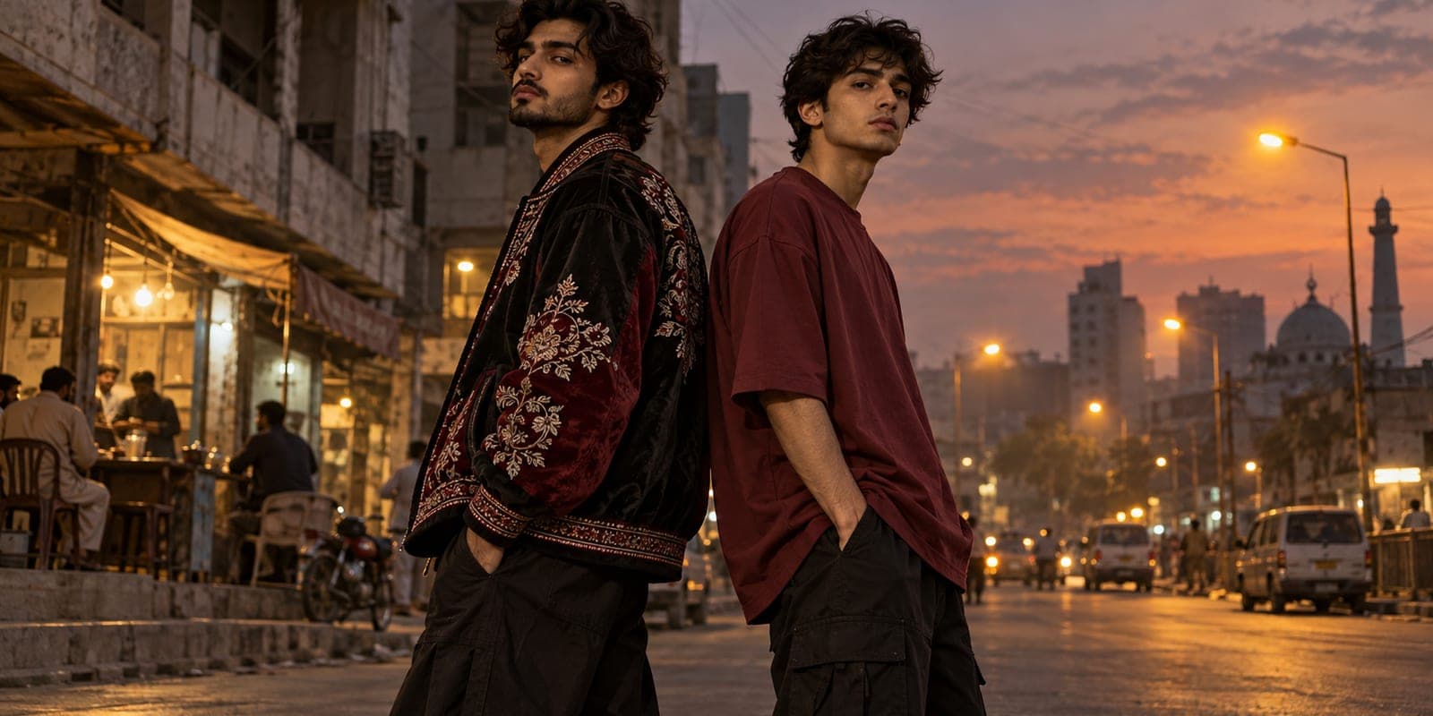 Two Pakistani men compare embroidered luxury streetwear with a plain maroon oversized t-shirt