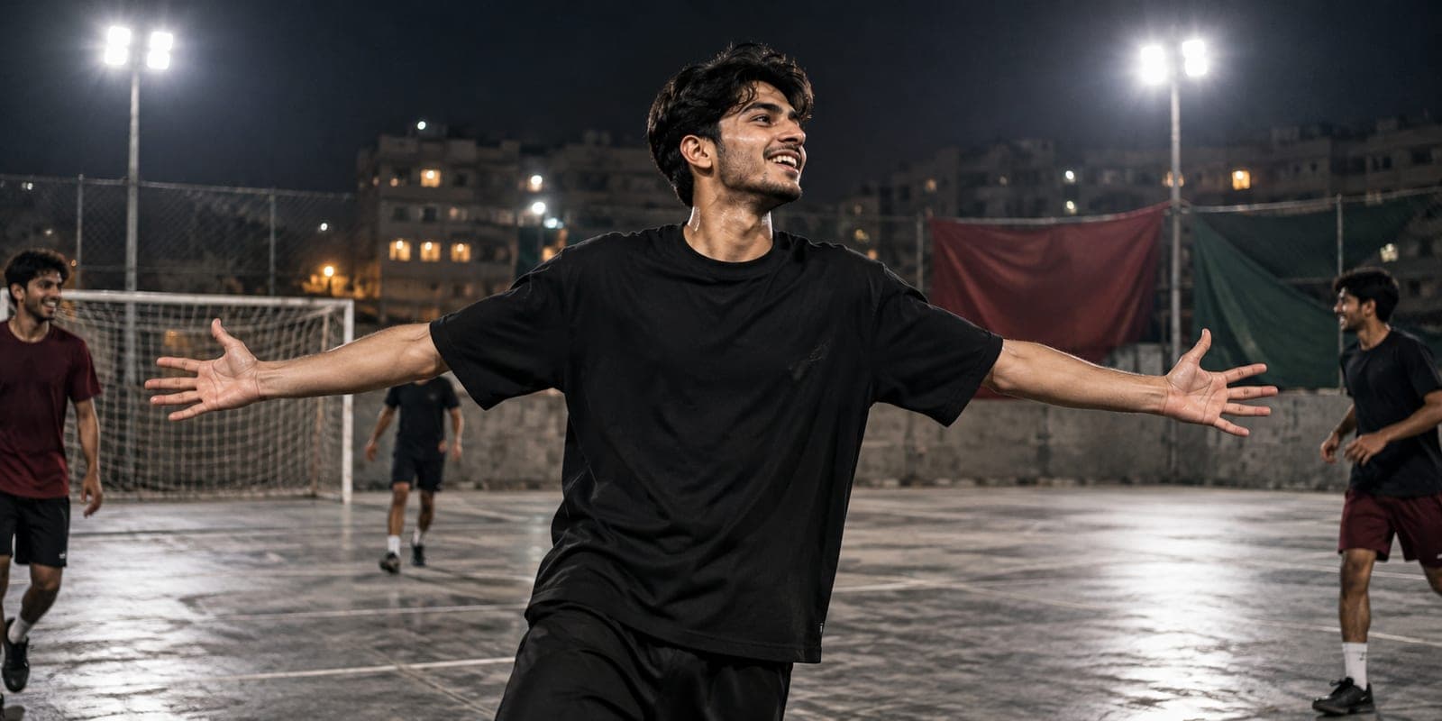 Young man in a plain black oversized tee celebrating with arms spread on a floodlit street football pitch at night
