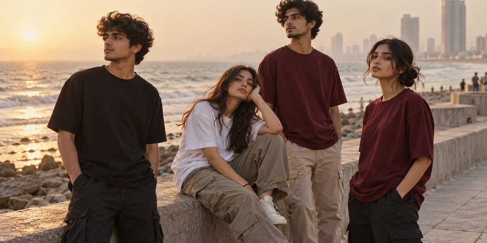 Four young friends in plain oversized black, white and maroon t-shirts on the Clifton seafront in Karachi at golden hour