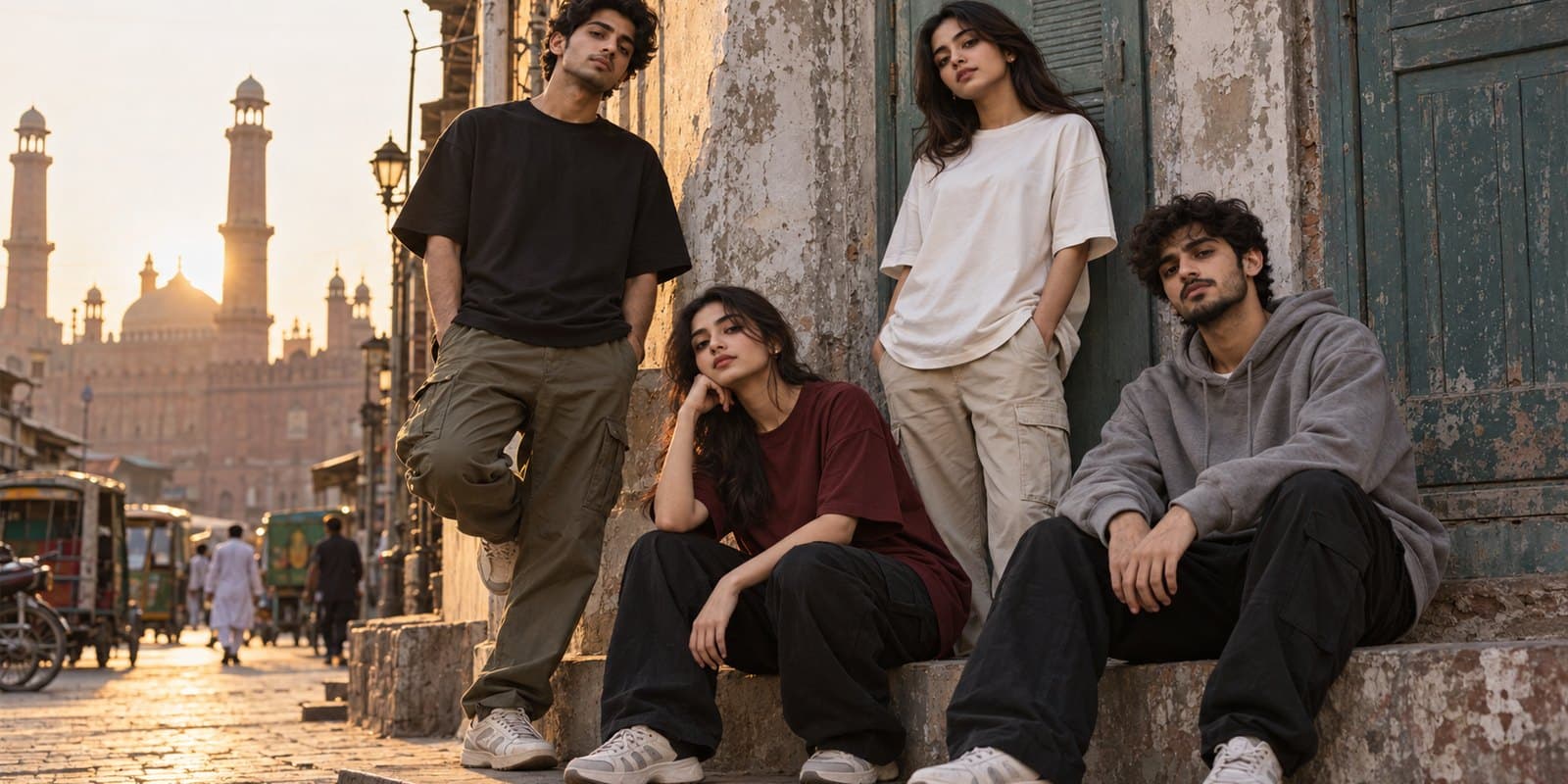 Four young Pakistanis in oversized black, white and maroon tees and a grey hoodie on an old Lahore street