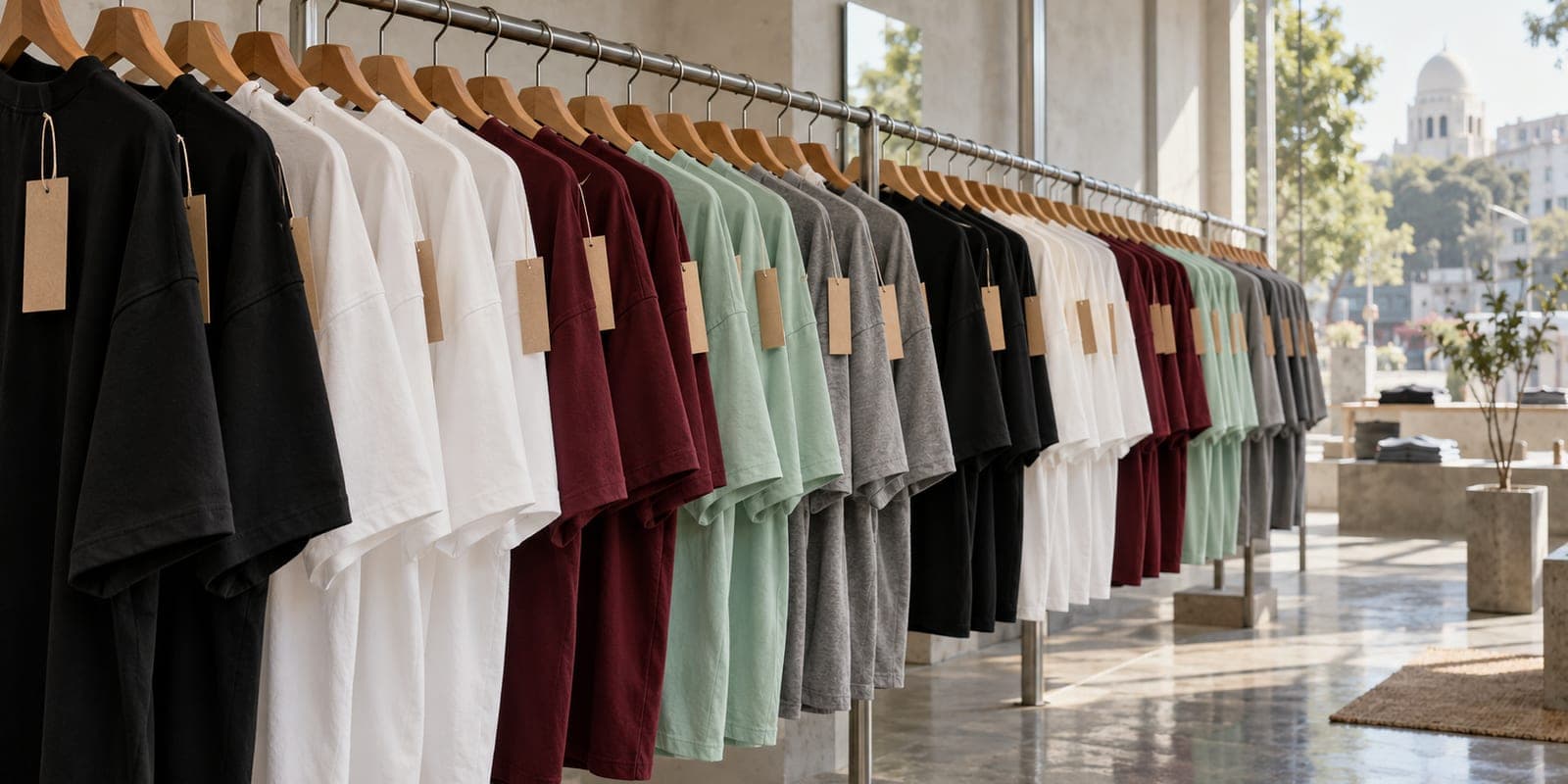 A rail of plain black, white, maroon and grey t-shirts on wooden hangers in a Pakistani concept store