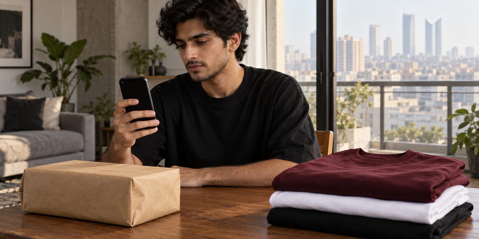 A young man at a desk in a Karachi apartment with a phone, folded black, white and maroon t-shirts and a courier parcel