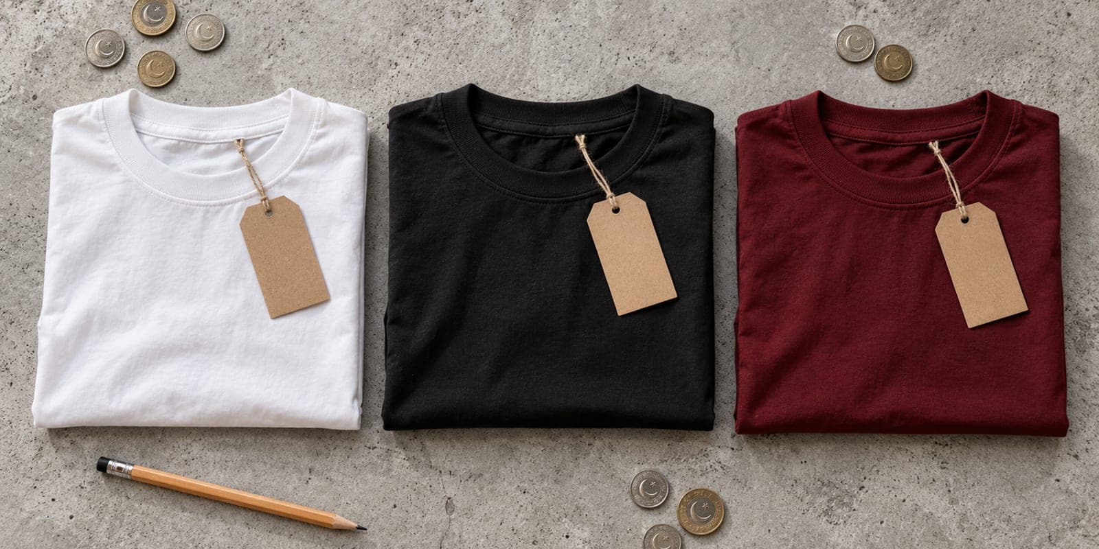 White, black and maroon oversized t-shirts with blank price tags and Pakistani coins