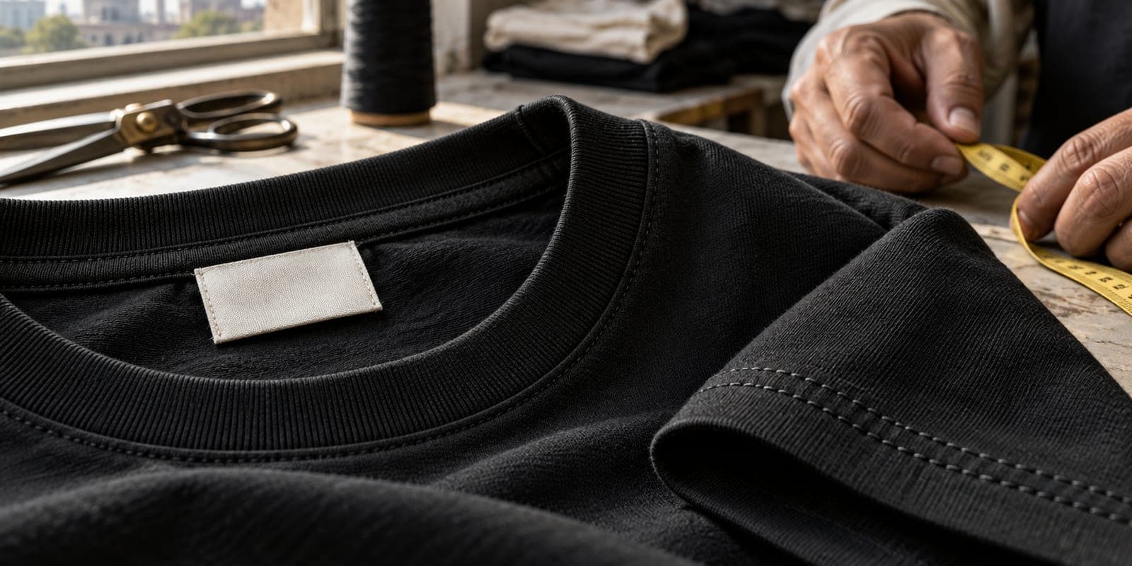 Close-up of heavyweight black cotton, collar construction, blank neck label and double-needle stitching