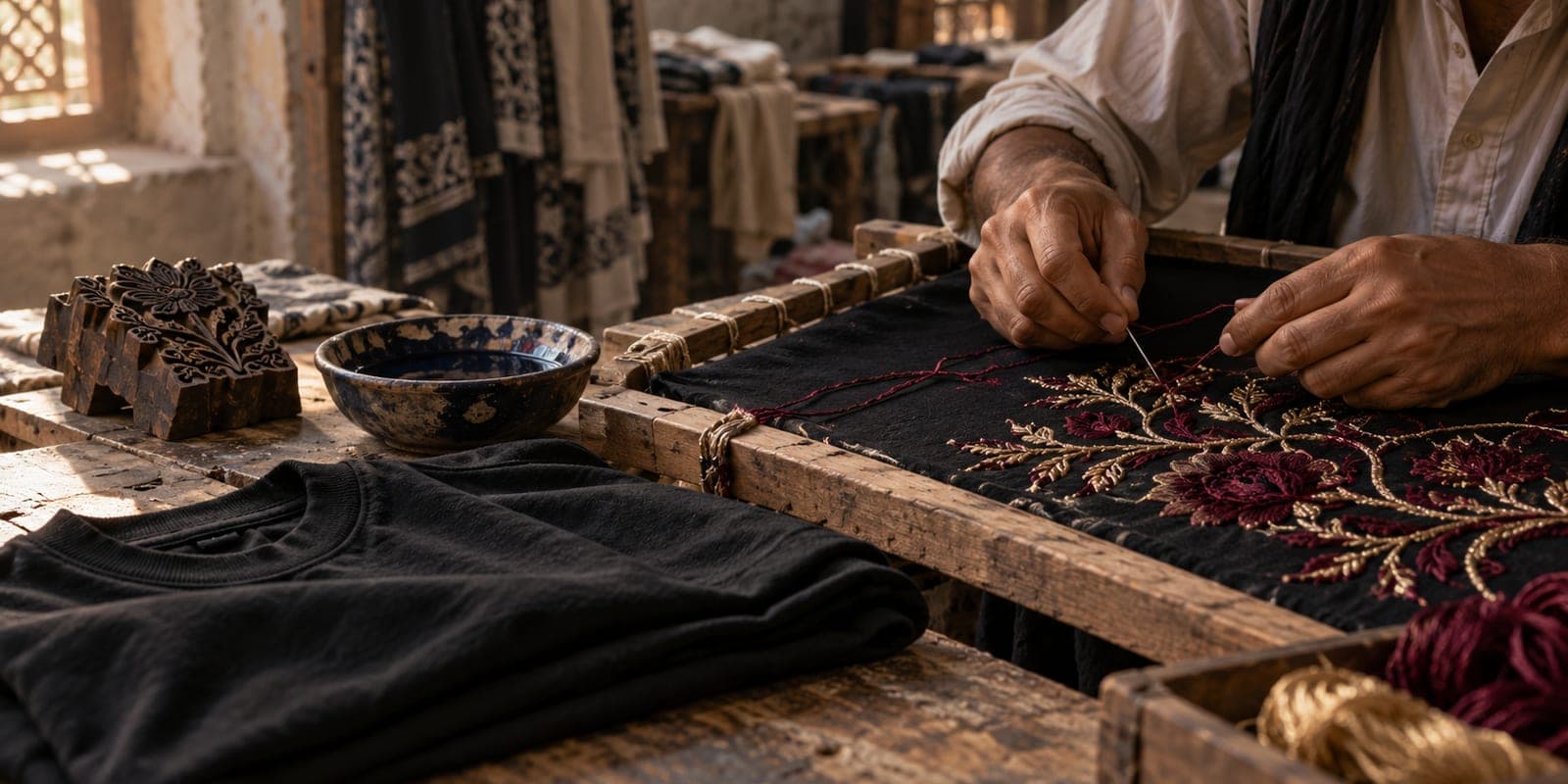 Artisan hand-embroidering maroon thread on heavy black cotton in a Lahore workshop