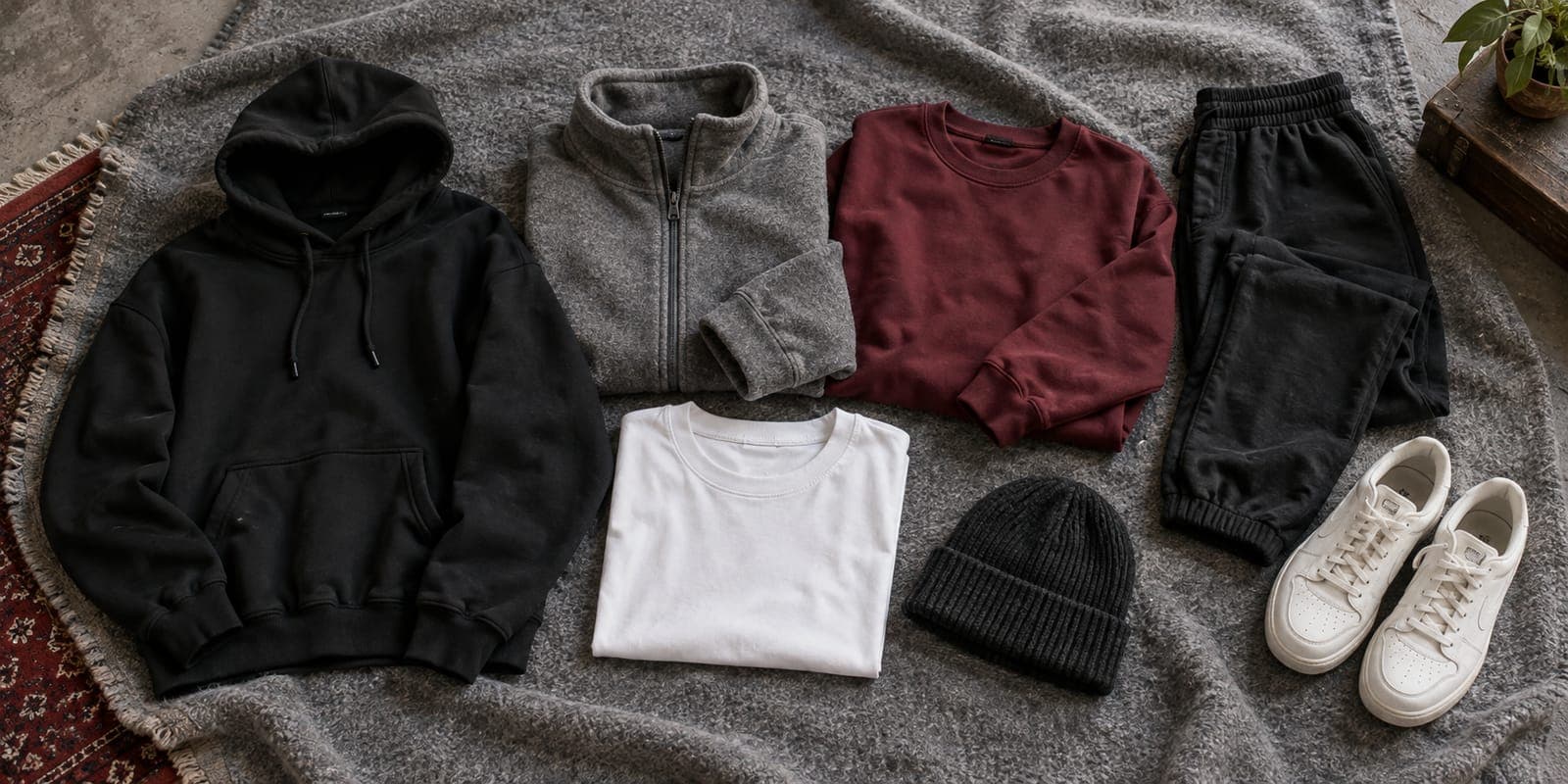 A flat-lay of a man's winter wardrobe on a grey blanket: hoodie, zip-up fleece, sweatshirt, white tee, tracksuit trousers and a beanie