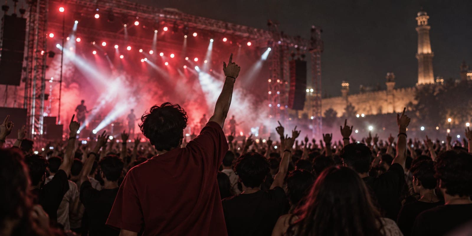 A night-time concert crowd in Lahore seen from behind, hands raised towards a stage lit in deep maroon and white